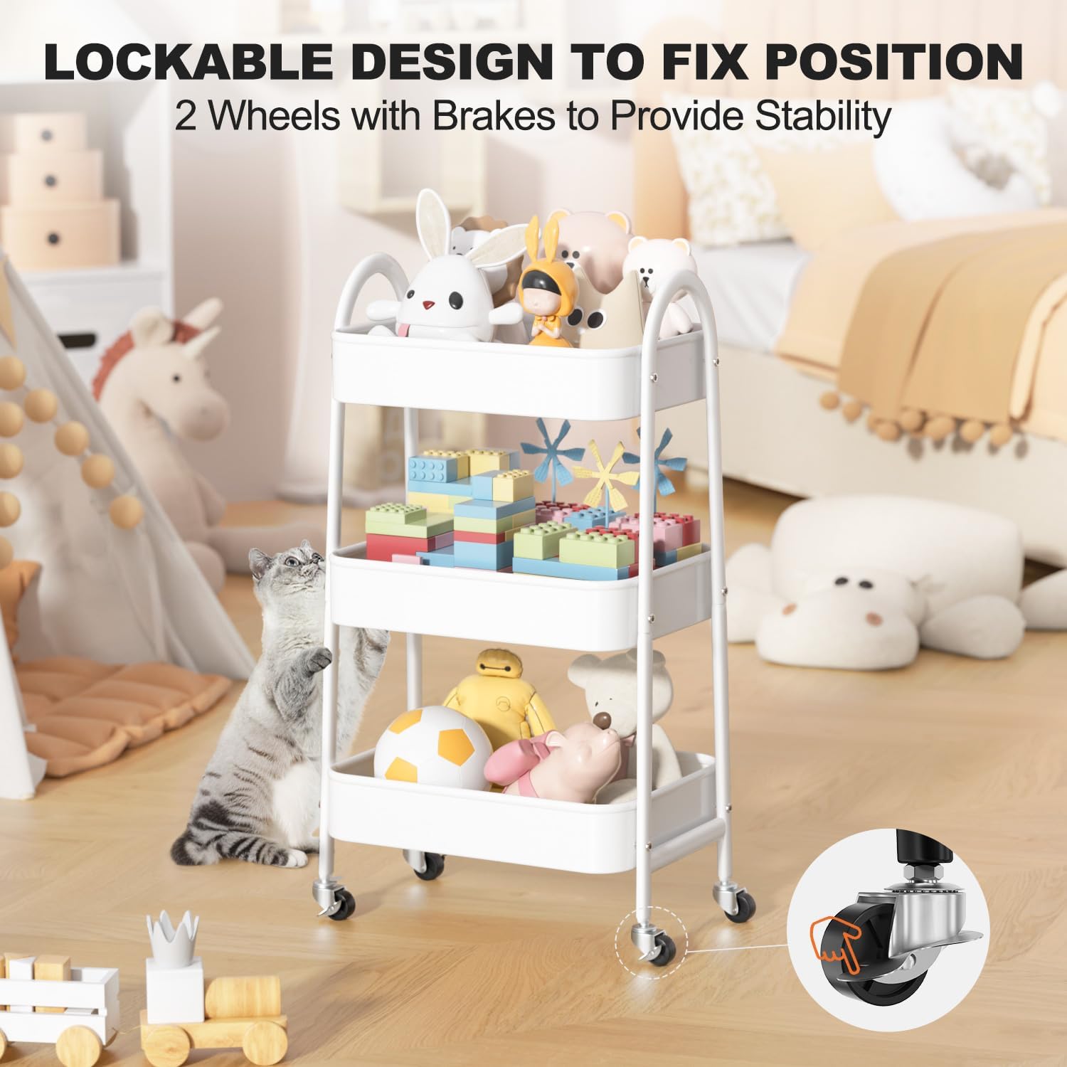 EAGMAK 3 Tier Rolling Cart Under Desk, Large Metal Storage Cart with Handle and Lockable Wheels, Big Multifunctional Storage Organizer Trolley for Kitchen, Living Room, Office, Garage (White)