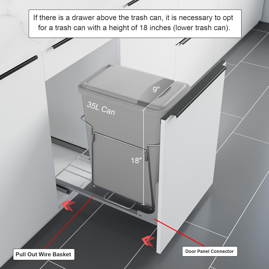 Dowell B15 Aluminum Base Wastebasket Pullout with Door Mount and 35Qt/9Gal Plastic Bin (4012 0115+35)