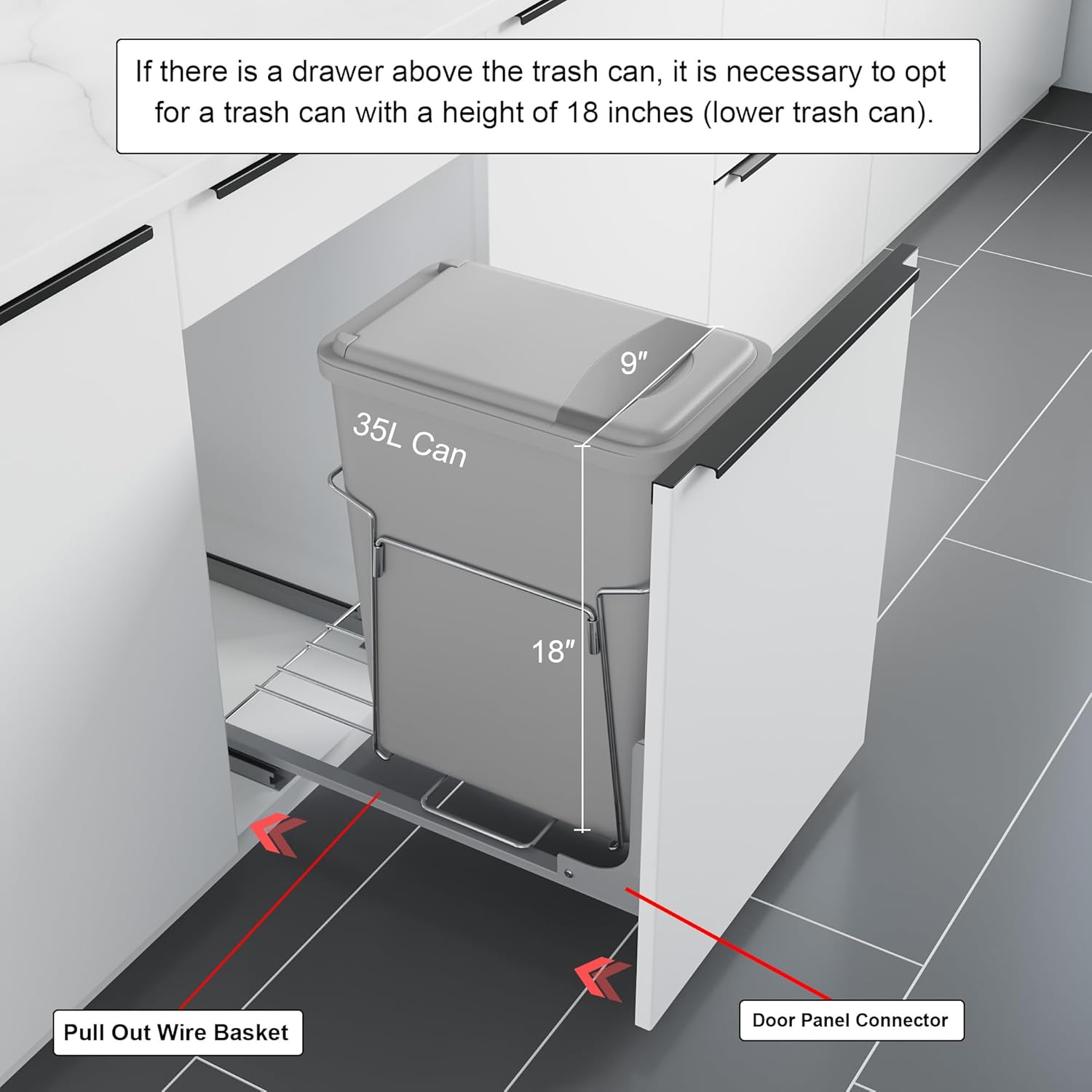 Dowell B15 Aluminum Base Wastebasket Pullout with Door Mount and 35Qt/9Gal Plastic Bin (4012 0115+35)