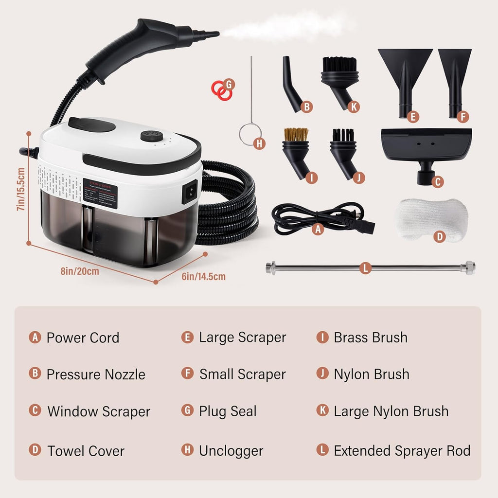 Lamberia 2500W Handheld Pressurized Steam Cleaner with 12pcs Accessories, 1400ml 1.5 Quarts Tank, 3-Level Adjustable Portable Steamer, 15s Heat-Up Steam Cleaner for Home, Car, Kitchen(White, US Plug)