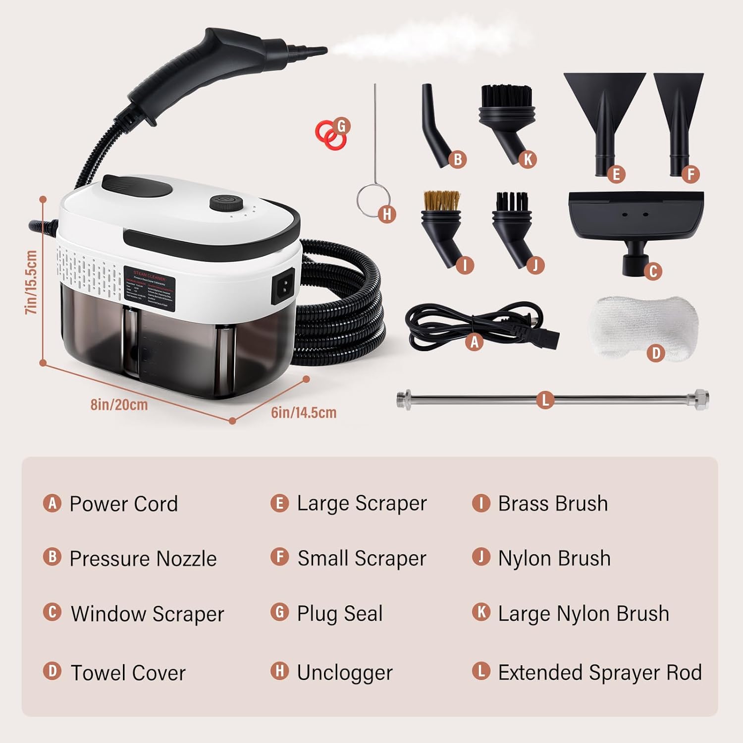 Lamberia 2500W Handheld Pressurized Steam Cleaner with 12pcs Accessories, 1400ml 1.5 Quarts Tank, 3-Level Adjustable Portable Steamer, 15s Heat-Up Steam Cleaner for Home, Car, Kitchen(White, US Plug)