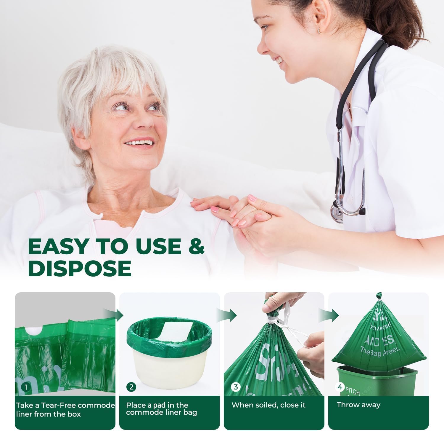 Commode Liners with Absorbent Pads, 30Pack Tear-Free Leak-Proof Bedside Commode Liners, Universal Disposable Commode/Bed Pan Liners for Bedside Commode, Standard Toilet, Chair Bucket(30Bags+30Pads)
