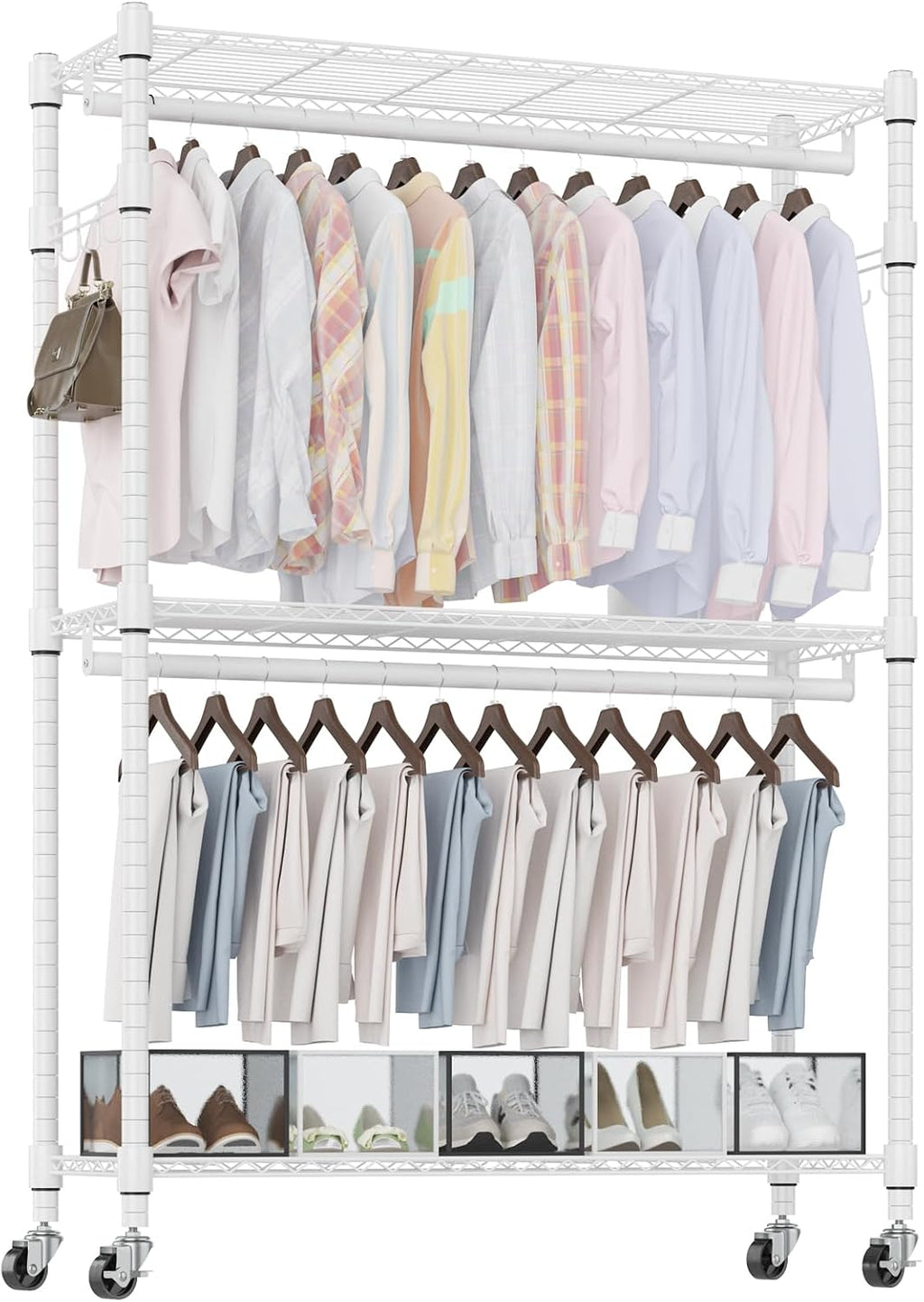 Homdox 3 Tier Heavy Duty Garment Rack with Wheels, Adjustable Wire Clothes Rack with Double Hanging Rods, Portable Closets for Hanging Clothes with Side Hooks, White