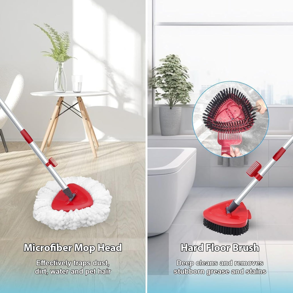 Spin Mop Head and Brush Replacement Compatible with O Cedar EasyWring 1-Tank System, 4 Mop Replace Heads, 1 Handle, 1 Base and 1 Scrub Brush Combo Set