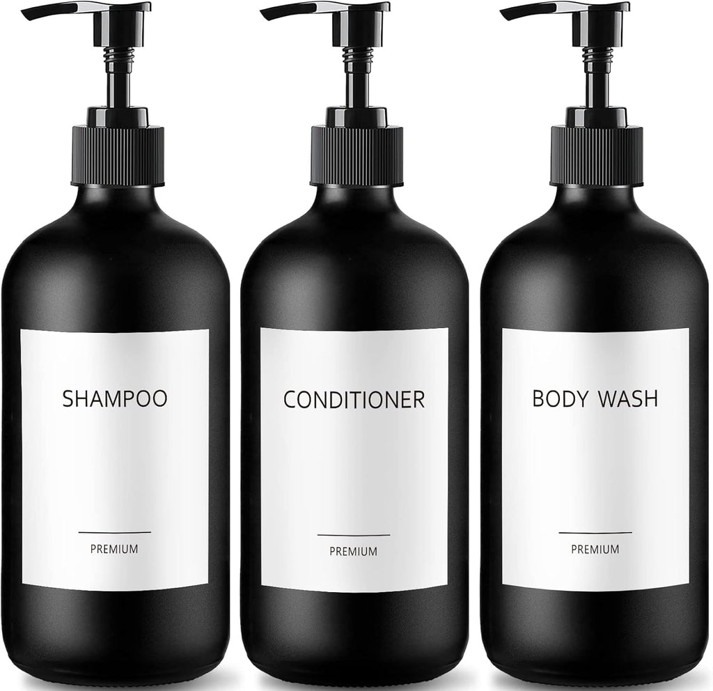 GMISUN Black Shampoo and Conditioner Dispenser, Shower Soap Dispenser Bottles with Labels, Refillable Shampoo Conditioner Body Wash Dispensers, Glass Soap Pump Dispenser Set for Bathroom Shower