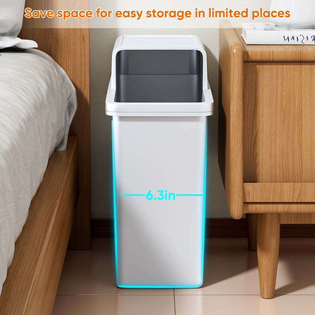 JOYBOS Bathroom Trash Can, Small Dogproof Garbage Can with Lid 14 Liter Slim Plastic Bin 4 Gallon Waste Basket for Bedroom Office Trashcan RV Narrow Place,White