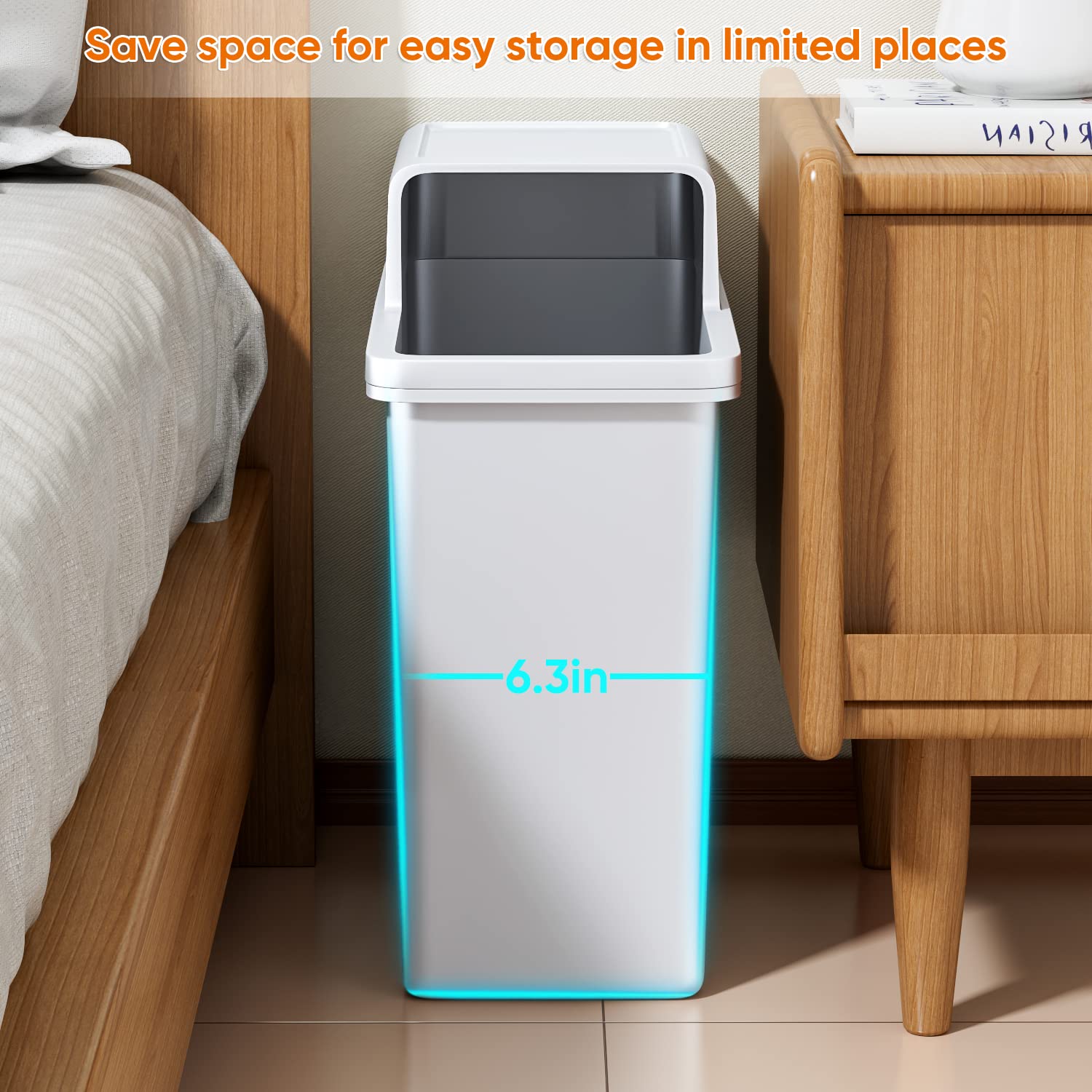 JOYBOS Bathroom Trash Can, Small Dogproof Garbage Can with Lid 14 Liter Slim Plastic Bin 4 Gallon Waste Basket for Bedroom Office Trashcan RV Narrow Place,White