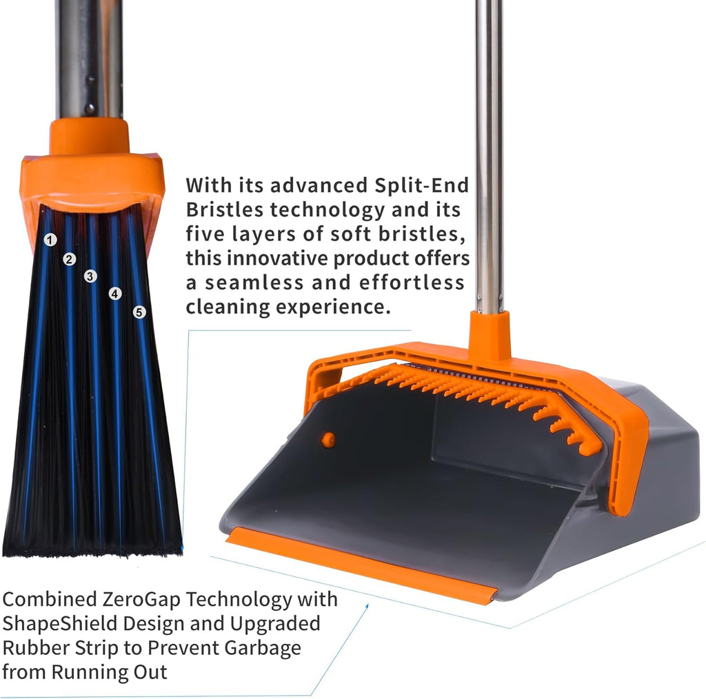 Broom and Dustpan Set with 51'' Long Handle, Upright Broom and Dustpan Combo for Home Kitchen Office Restaurant Garage Lobby Dog Cat Pets Hair - Grey and Orange