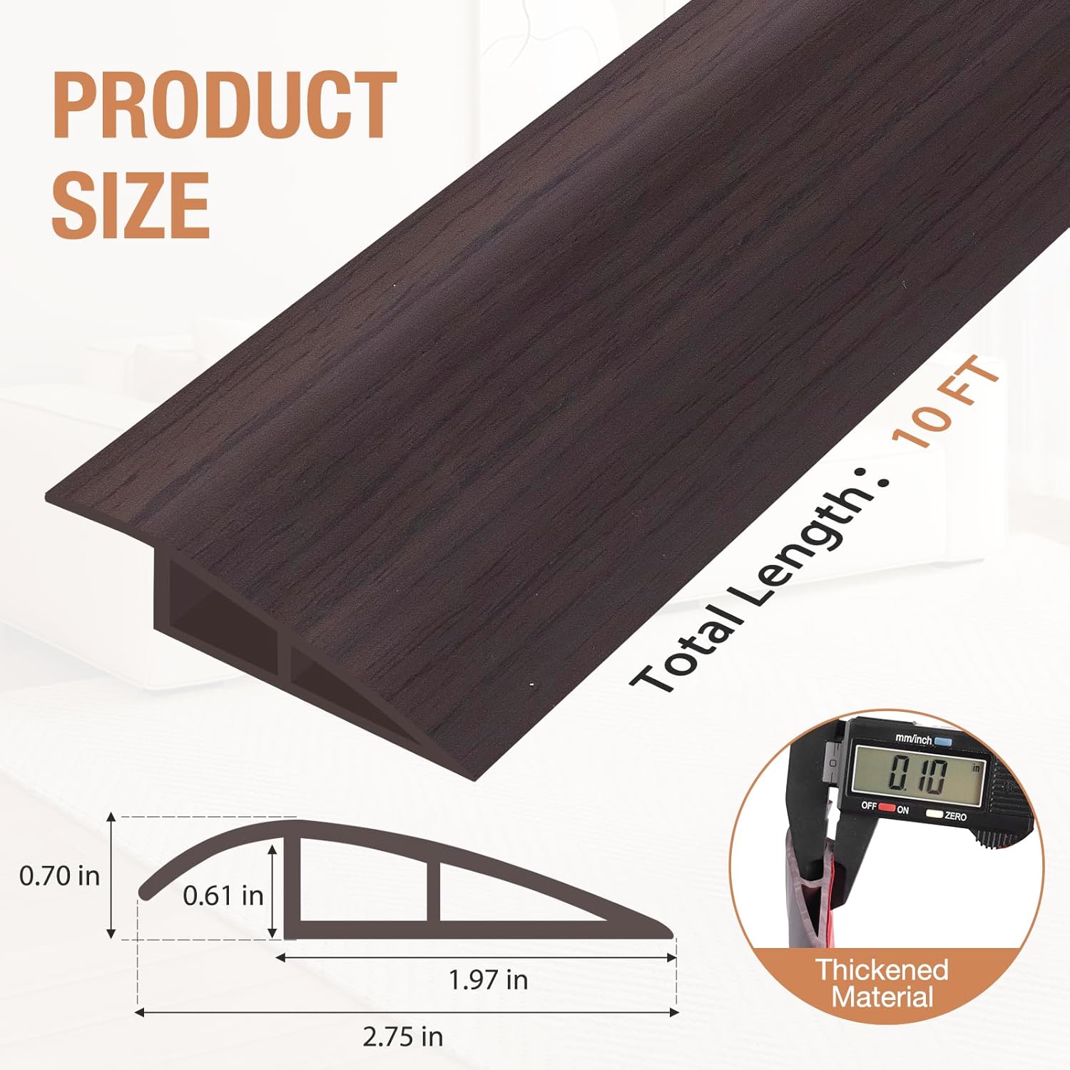 Floor Transition Strip Self Adhesive Vinyl Door Threshold for Doorways Carpet Edging Trim Overlap Edge Reducer for Laminate Floor, Carpet, Tile (Dark Walnut Grain, 2/5" to 3/5", 10Ft)