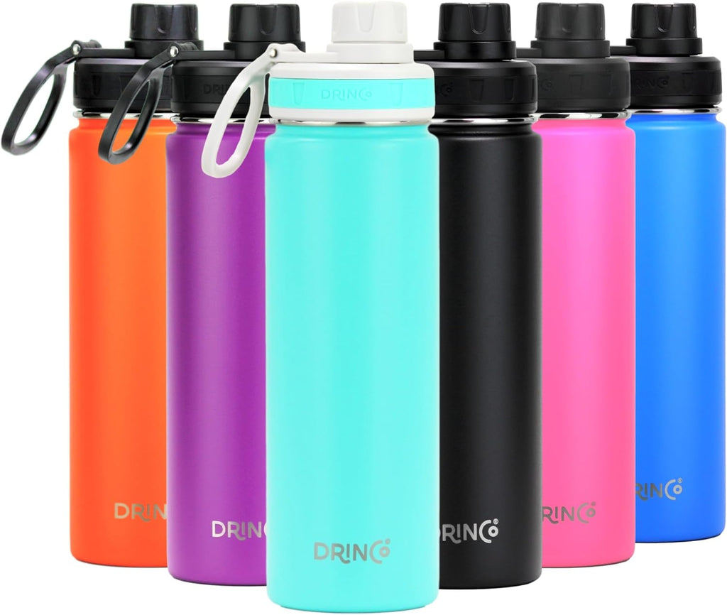 DRINCO Stainless Steel Water Bottle Spout Lid Vacuum Insulated Double Wall Water Bottle Wide Mouth (40oz 32oz 22oz 18oz 14oz) Leak Proof Keep Cold Sport Camping Hiking (22 oz, 22oz Teal)