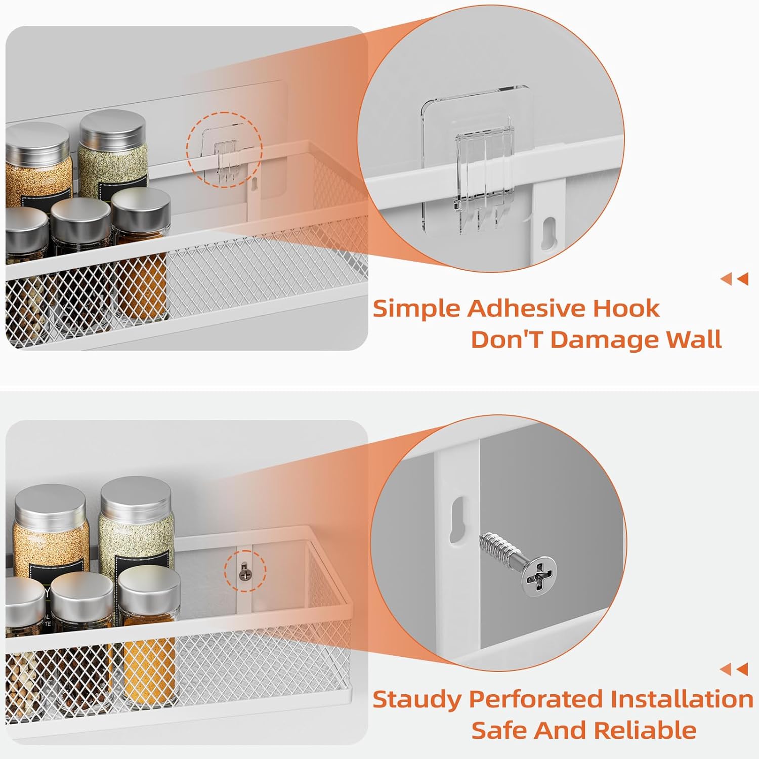 Spice Rack Wall Mount, 4 Pack Wall Spice Rack & Hanging Storage Baskets Organizer Wall Mount, Large Capacity Metal Spice Shelf for Kitchen Cabinet, Pantry Doors, Bathroom, Shower, Home Decor
