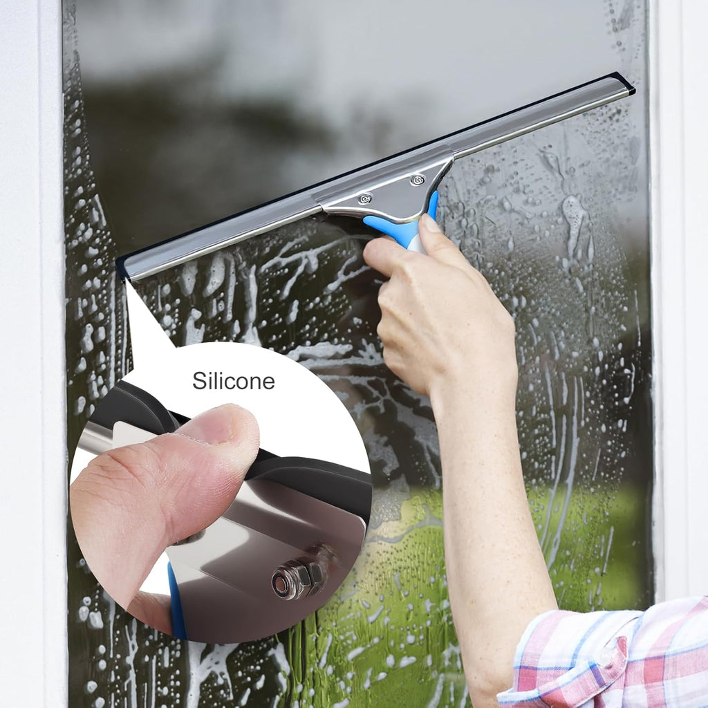 Professional Window Cleaning Kit 14IN, with Silicone Squeegee Blade, Microfiber Scrubber & Cloth, Windows Cleaning Tools, All-in-one Window Washing Supplies, Commercial & Household Use