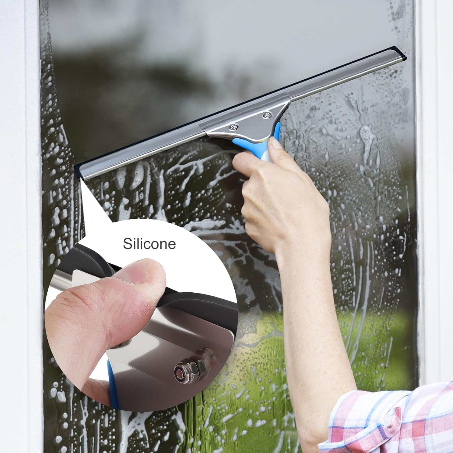 Professional Window Cleaning Kit 14IN, with Silicone Squeegee Blade, Microfiber Scrubber & Cloth, Windows Cleaning Tools, All-in-one Window Washing Supplies, Commercial & Household Use