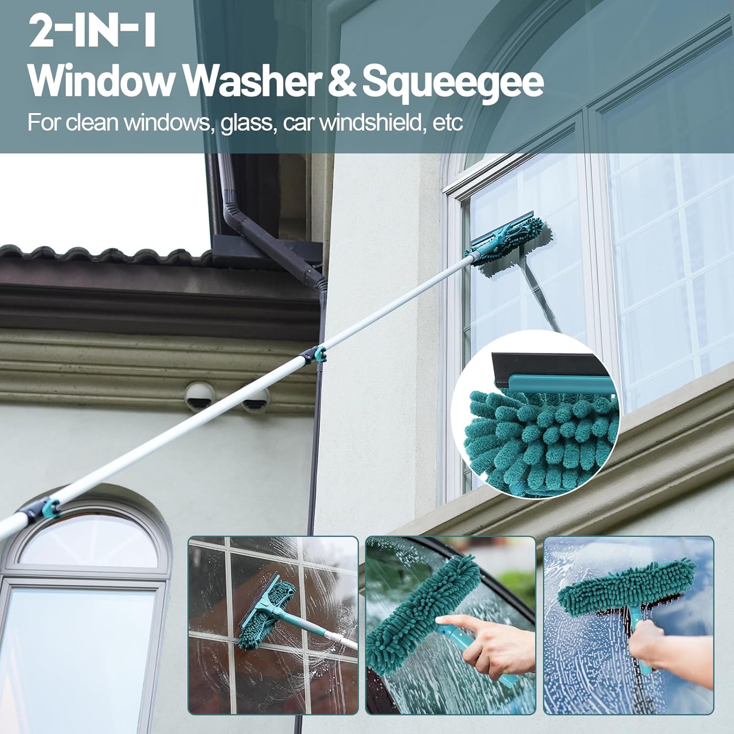 20 Foot High Reach Duster Kit with 5-12FT Extension Pole High Ceiling Dusting and Window Cleaning Kit with Telescopic Pole Window Washer&Squeegee,Cobweb Duster,Fan Duster and Feather Duster
