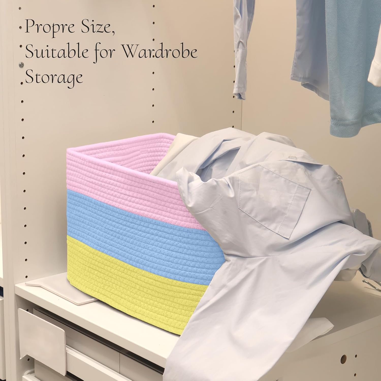 Hopegiver Woven Storage Baskets 15x11x10 Inch, 1 Pack Collapsible Cube Storage Bin for Shelves - Foldable Cotton Rope Organizer Bins for Towels, Toys, Books, Closet, Nursery (Pink Blue Yellow)