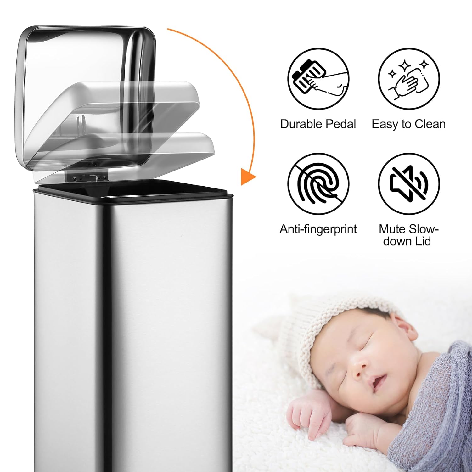 8 Gal/30L Slim Trash Can, Rectangular Step-On Stainless Steel Garbage Can, Soft-Close Lid, Anti-Fingerprint Surface, Recycling Bin with Removable Inner Basket, for Kitchen Dining Room, Silver