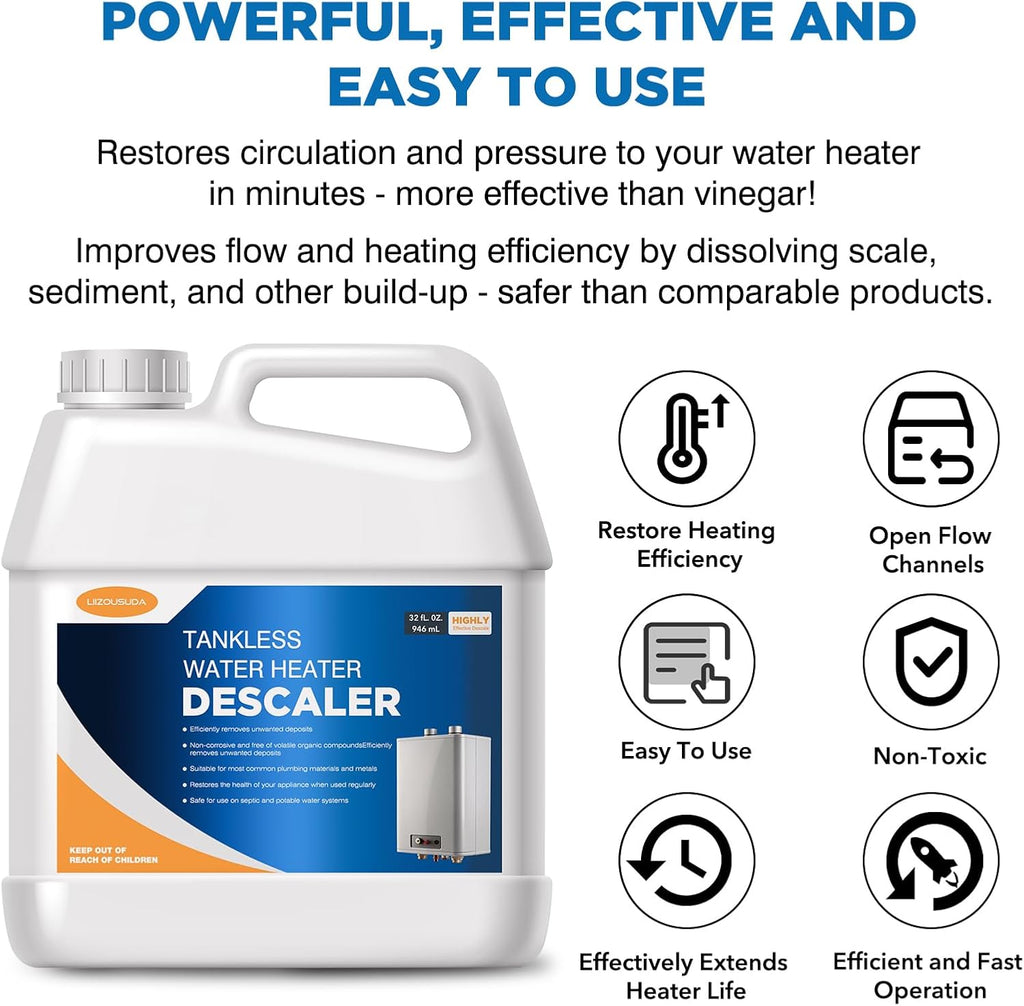 Tankless Water Heater Descaler, Highly Effective Descaler Restores Heating Efficiency - for Tankless Water Heater Systems, Restores Heating Efficiency, Easy to Use, Quart, 32 fl oz