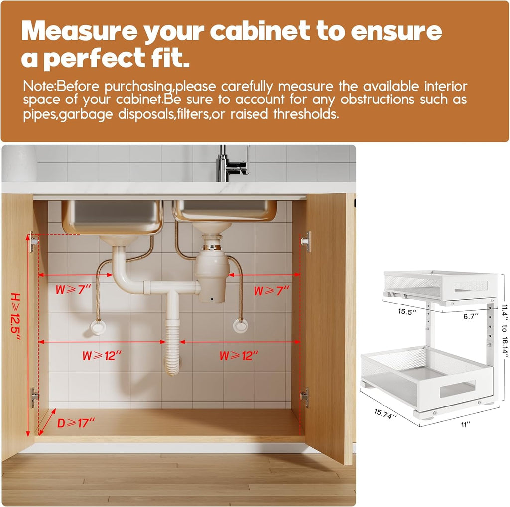 1 Pack-11.4"-16.14"H Under Sink Storage Organizer, Large 2-Tier Elegant Mesh Pull Out Shelf for Kitchen and Bathroom Cabinet Organization, L-Shaped and Adjustable Height Design for Maximum Space-White
