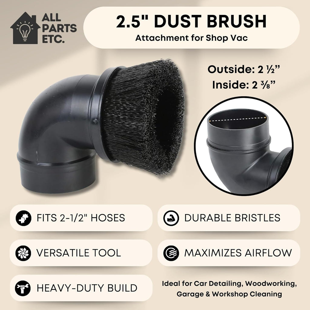 2.5" Dust Brush Attachment Compatible with Shop Vac, Craftsman, and more Wet Dry Vacuum Cleaner Accessory with Nylon Bristles Fits 2-1/2 Inch Hose - for Woodworking, Garage & Workshop Cleaning.