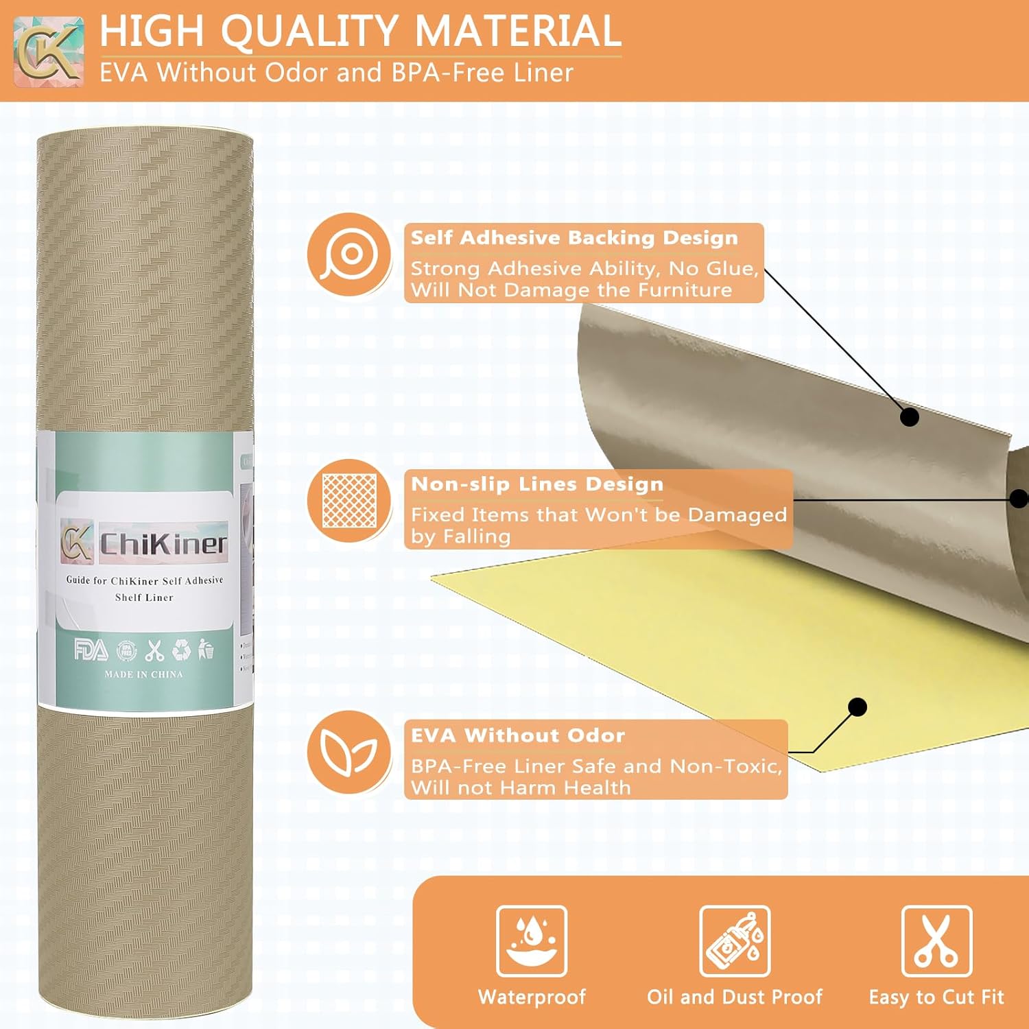 Self-Adhesive Shelf Liner Kitchen Liner, Waterproof Backed Paper Easy Peel and Stick Contact Liner Without Residue for Decor Your Desk Surface, Kitchen Countertops (Dark Khaki, 11.8 x 393.7 inches)