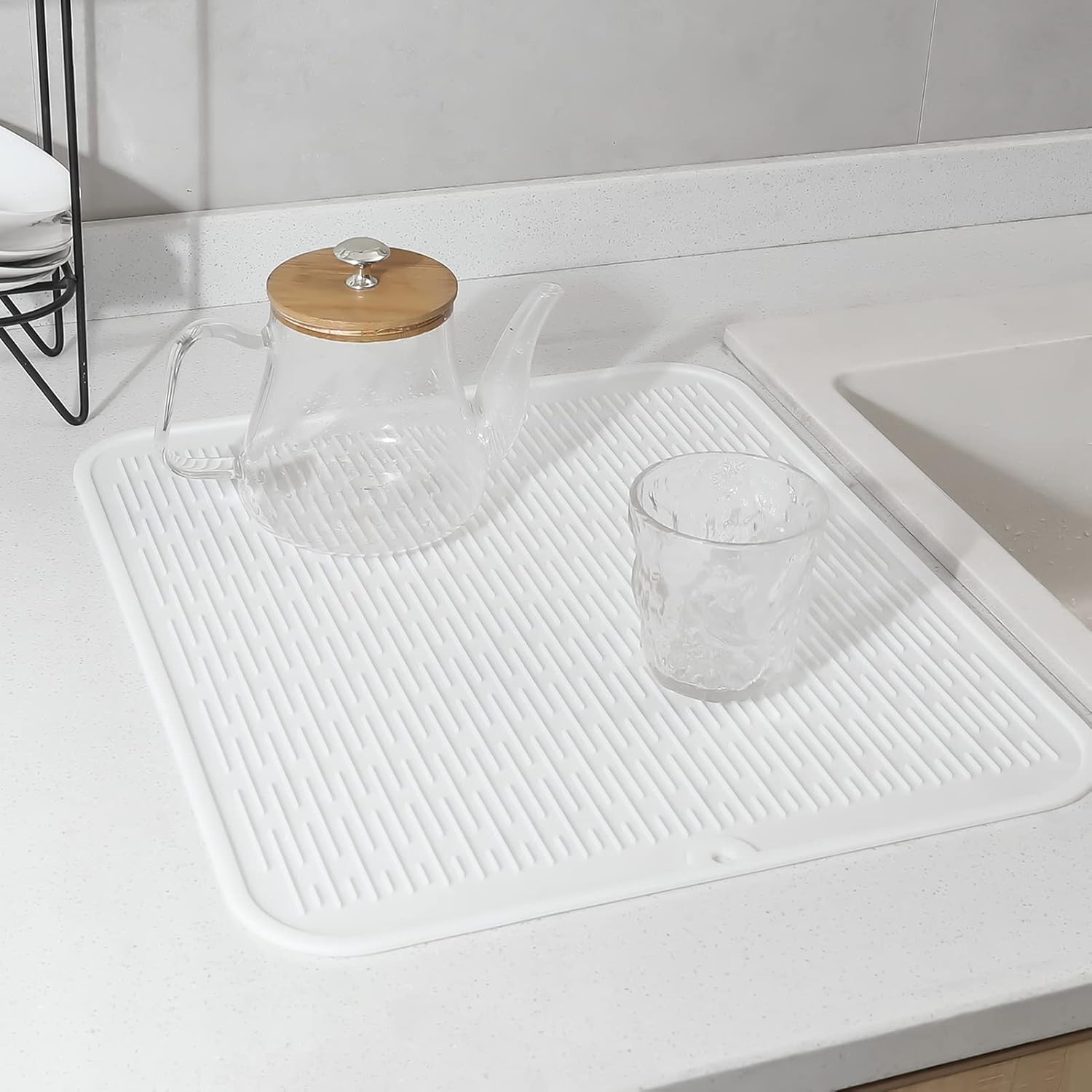 Silicone Dish Drying Mat for Multiple Usage,Easy clean,Eco-friendly,Heat-resistant Silicone Mat for Kitchen Counter or Sink,Refrigerator or Drawer Liner White XL 18 inches x 16 inches