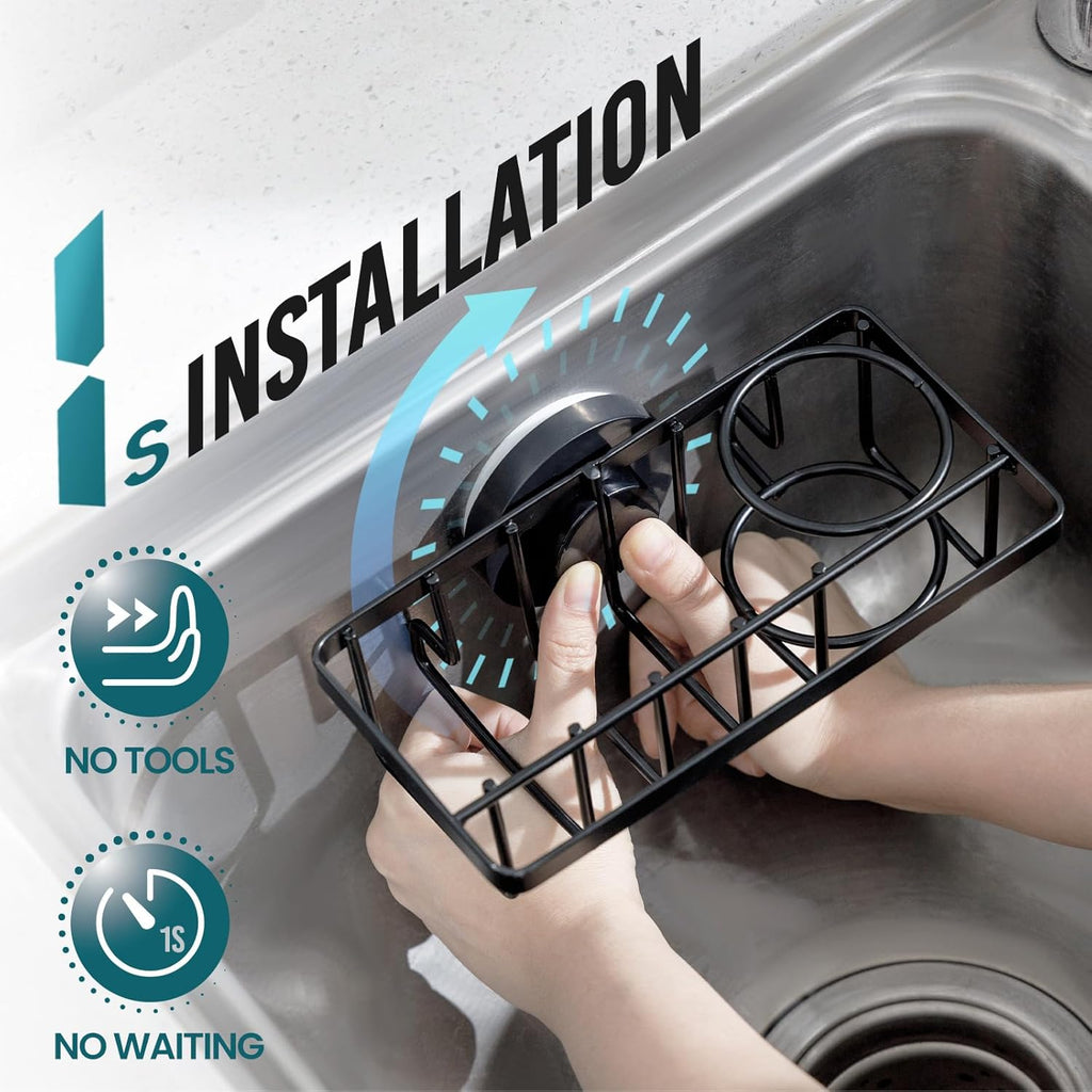 TAILI 4-in-1 Sponge Holder for Kitchen Sink with Strong Suction Cup Removable, Rustproof Aluminum Sink Caddy for Sponge, Brush, Scrubber, Scraper -Black