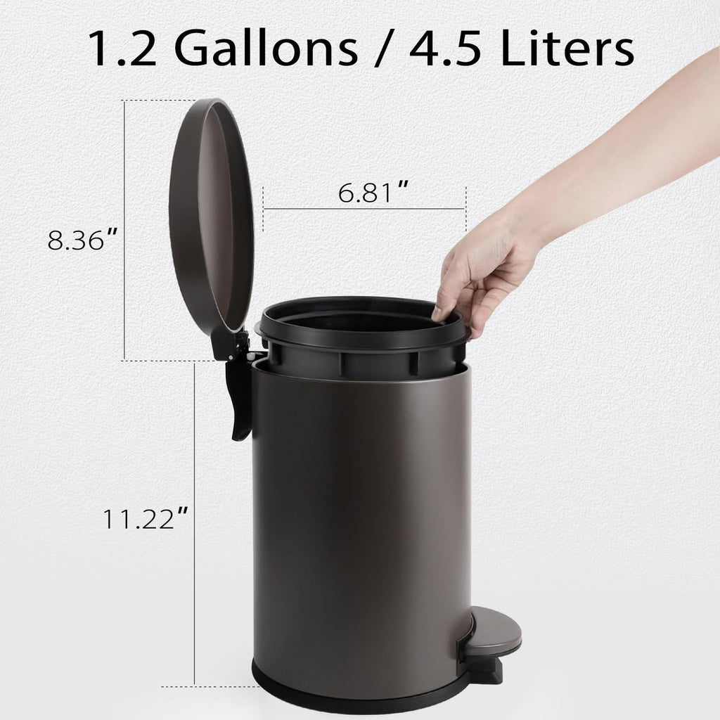 TIPGO Small Trash Can with Lid Soft Close, 4.5 Liters / 1.2 Gallon Bathroom Garbage Can, Mini Step Trash Bin, Stainless Steel Wastebasket for Bathroom, Bedroom, Office (Brown)
