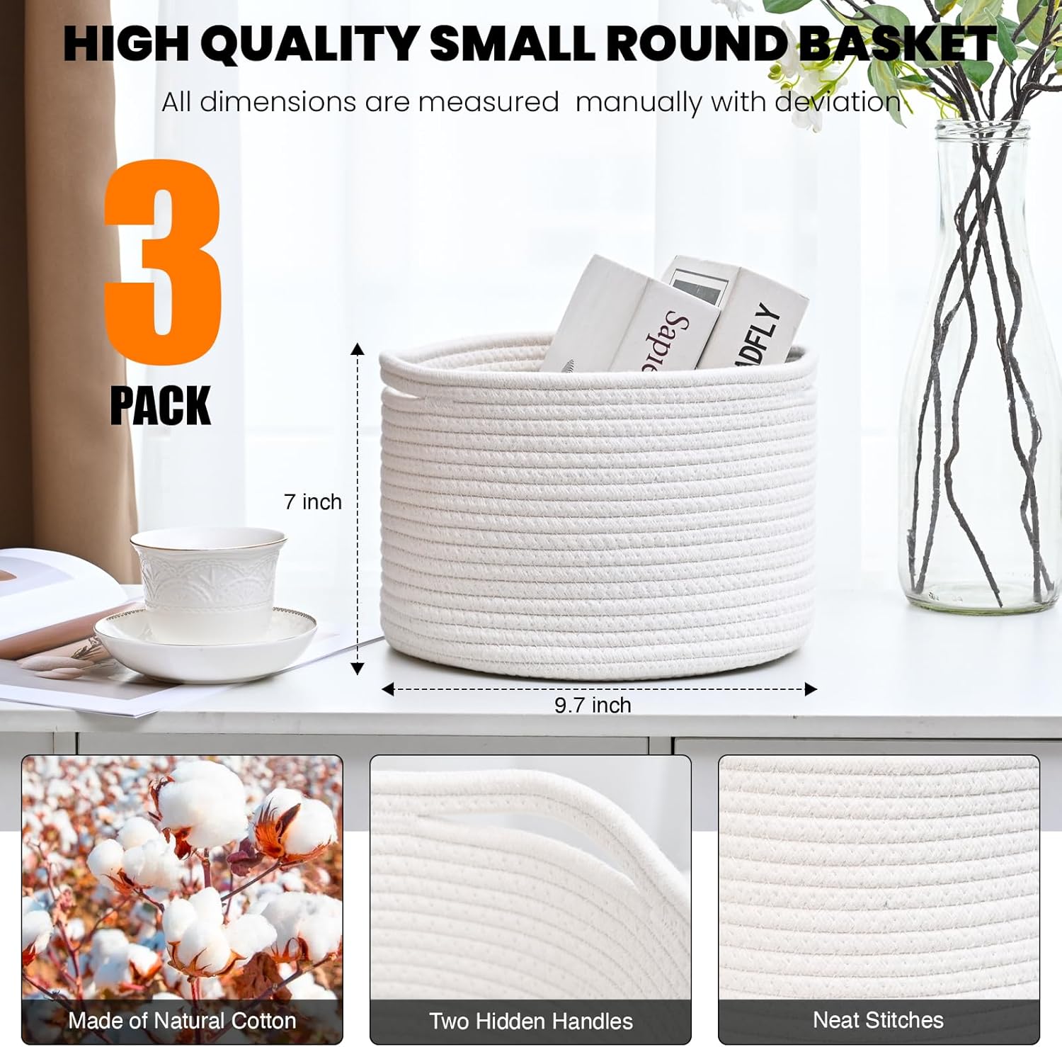 Small Storage Baskets for Organizing, Organizer Baskets for Shelves, Woven Basket for Storage, Cute Basket for Gifts Empty, Cotton Rope Baskets, 9.7"×9.7"×7" (3 Packs) Off White