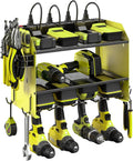 CCCEI Set Power Tool Organizer Wall Mount with Charging Station. Garage 4 Drill Storage Shelf with Hooks, Heavy Duty Metal Tool Battery Charger Organizer. Shop Utility Rack with Power Strip Green.