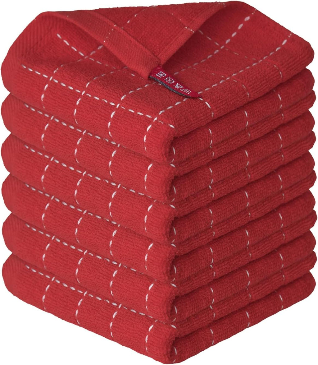 Artoid Mode Checkered Designed Cotton Red Terry Kitchen Dish Cloths, 12x12 Inch Soft Absorbent Quick Drying Cleaning Kitchen Rags Set of 6