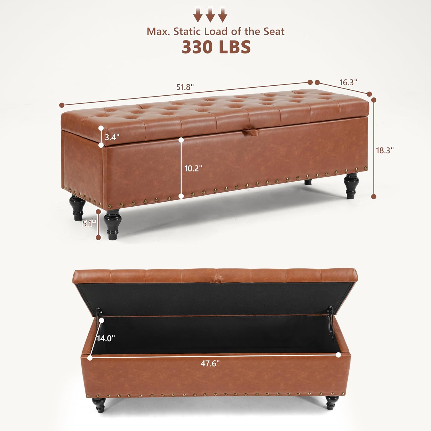 51.8’’ Storage Ottoman Bench, Faux Leather Ottoman with Storages, Window Benches Holds up to 330lbs, Upholstered Storage Bench for Bedroom, Living Room, Entryway and Family Room, Brown