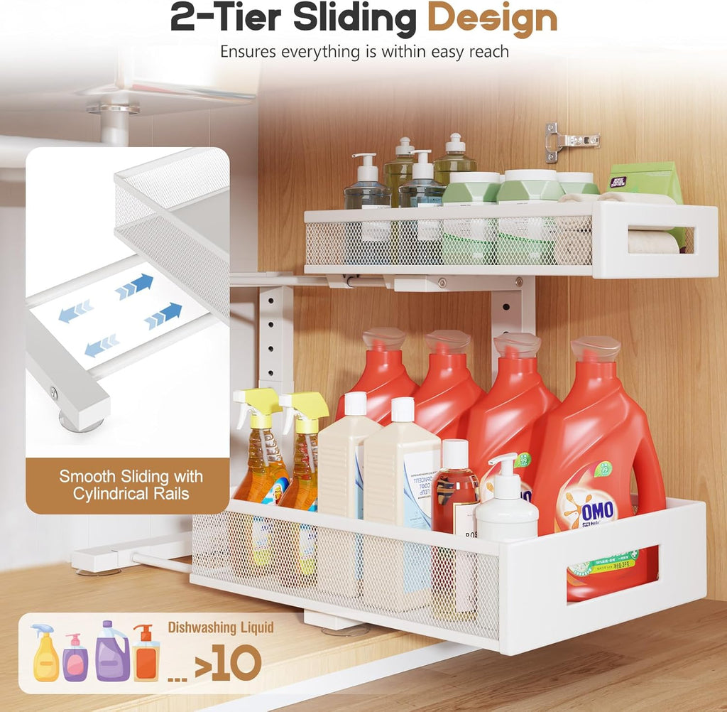 2-Pack Under Sink Storage Organizer, Large 2-Tier Elegant Mesh Pull Out Shelf for Kitchen and Bathroom Cabinet Organization, L-Shaped and Adjustable Height Design for Maximum Space Efficiency-White