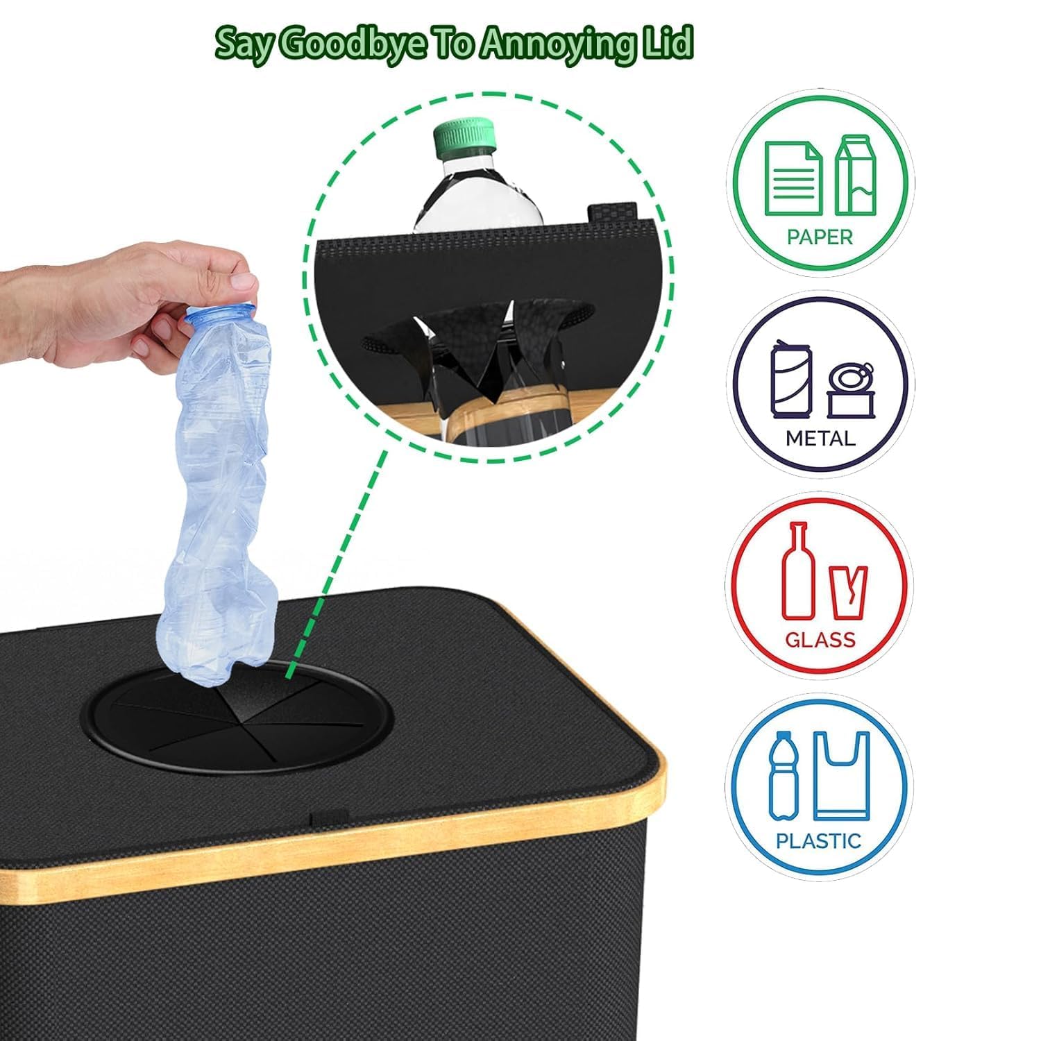 Recycling Bin for Kitchen Indoor Home, Large 100L/ 27 Gallon Recycle Bin with Lid Removeable Reusable Inner Bag Bottle Can Glass Waste Plastice Stickers (White, 27 Gallon)