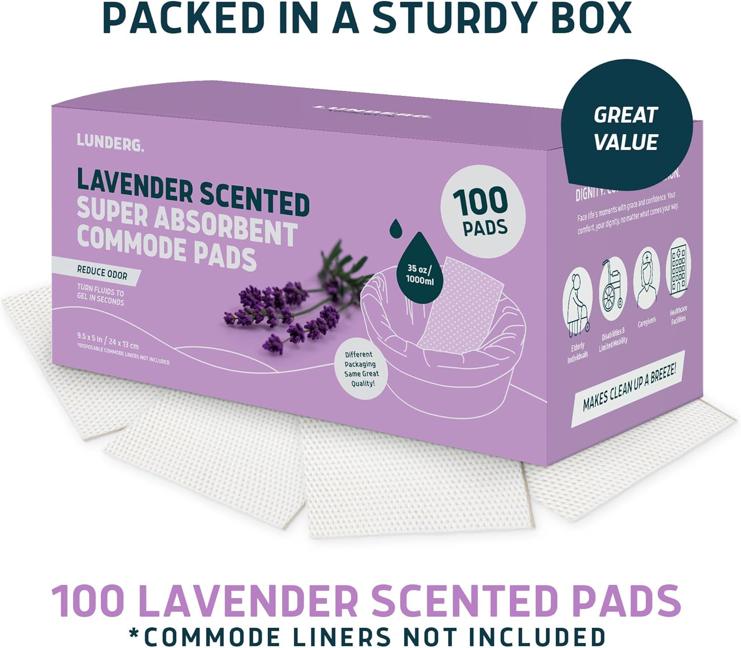 Lunderg Lavender Scented Super Absorbent Commode Pads - Medical Grade Value Pack 100 Count - for Disposable Bedside Commode Liners, Adult Chairs, Portable Buckets & Camping Toilet Bags - Light Scent