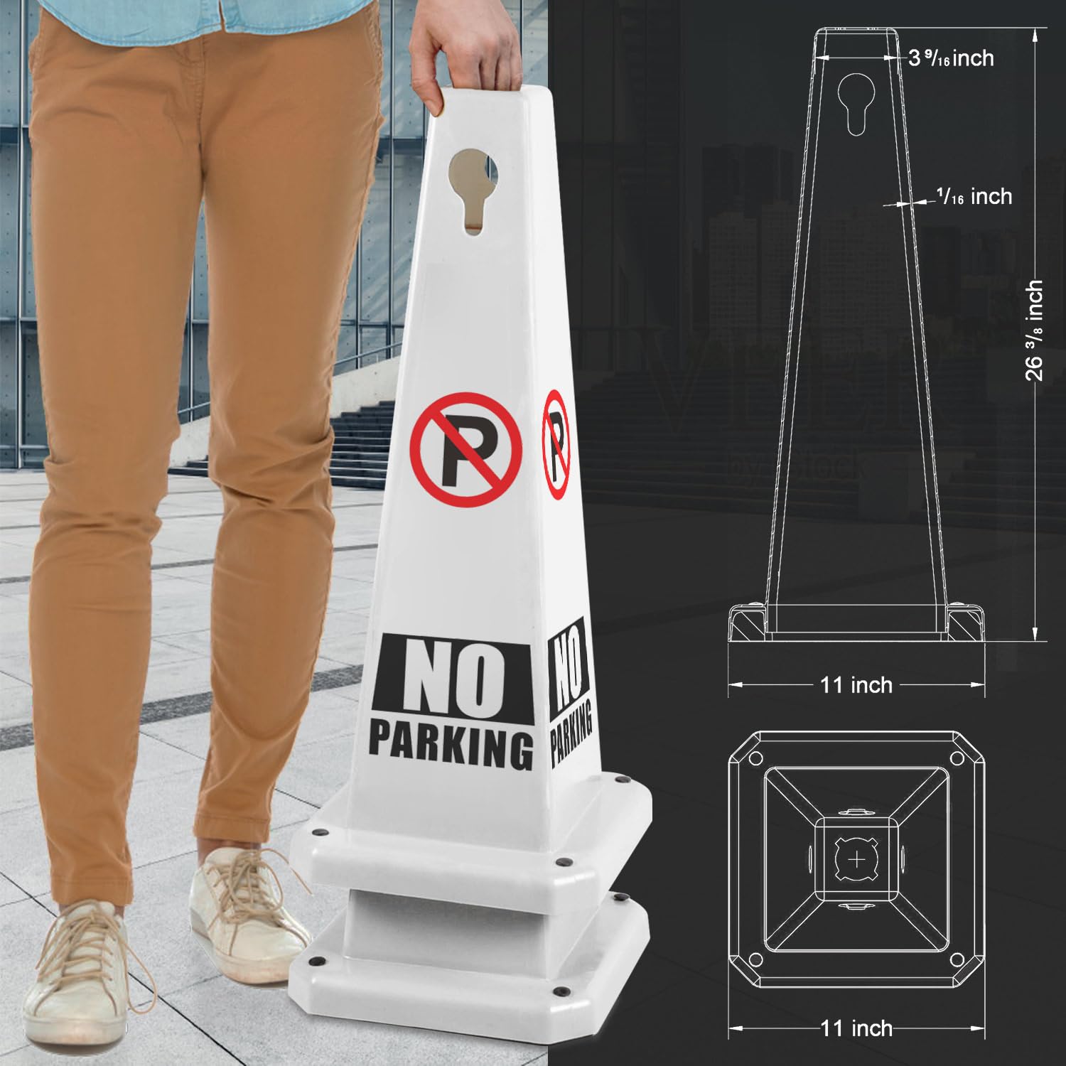 Plastic Traffic Cones, 4-Sided Message Cones, Road Safety Parking Cones, Standing Traffic Warning Signs for Cleaning Area, Garage, No Entry (8, No Parking, Large)