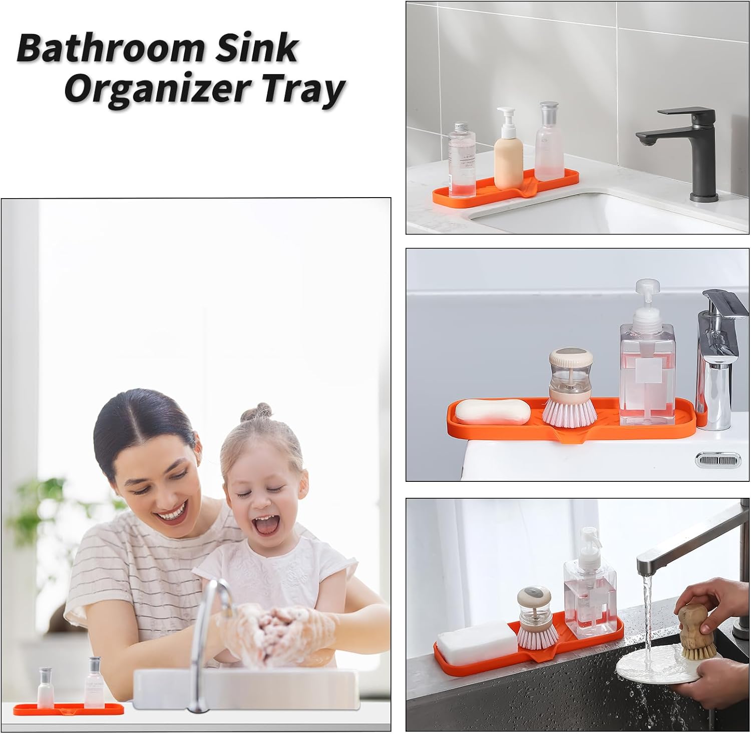 Silicone Bathroom Soap Dishes with Drain Spout-Bathroom and Kitchen Sink Organizer,Sponge Holder,Dish Soap Tray,Perfect for Dispenser,Scrubber,Bottle,Cup on Sink or Counter-Orange 12"×4"