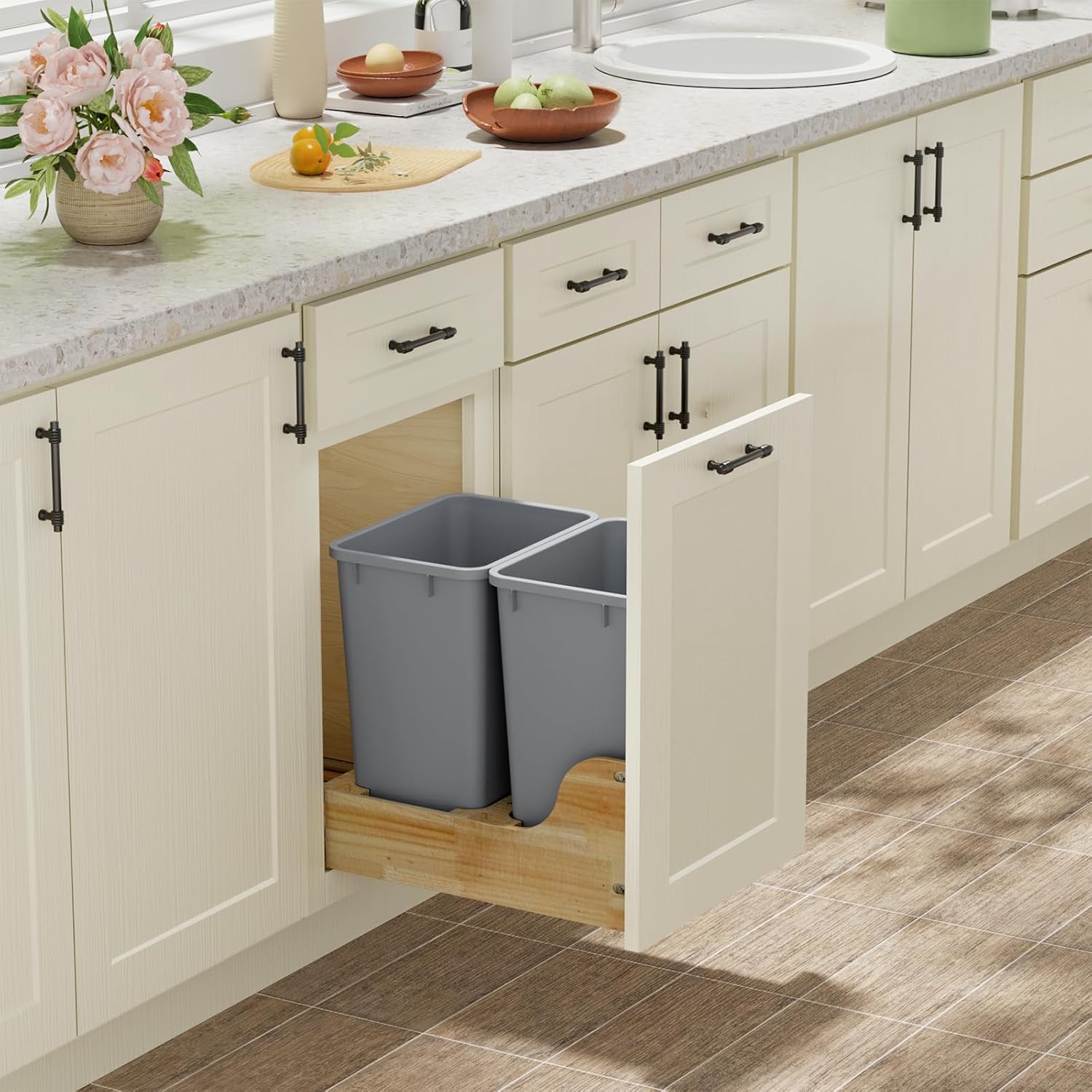 ROOMTEC 35QT Kitchen Trash Can, Lightweight and Sturdy Slim Trash Can, Wastebaskets for Office, Workspace, Kitchen, Bathroom, Easy to Clean, 1 Pack