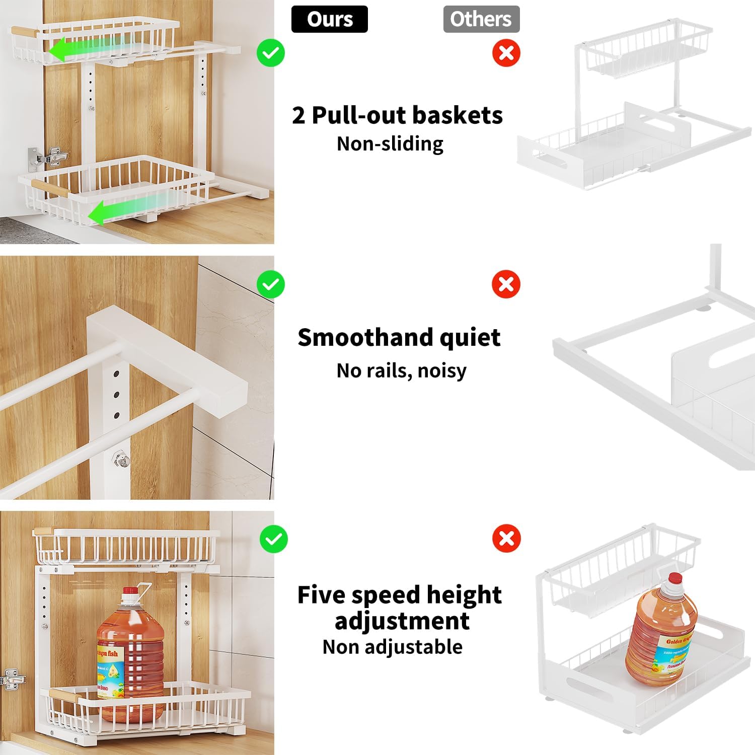 Under Sink Organizer, 2 Tier Slide Out Under Sink Organizers and Storage, Height Adjustable Pull out under cabinet storage, Metal Bathroom Kitchen Sink Organizer，2 Pack