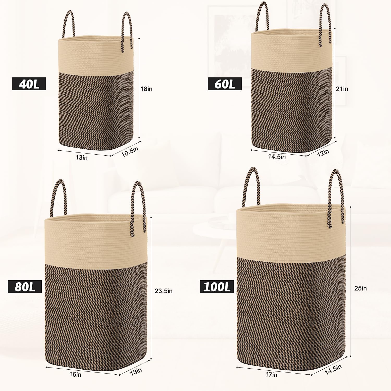 Laundry Basket,Woven Cotton Rope Laundry Hamper,Versatile Storage for Dirty Clothes,Baby Toys,and Blankets in Bathroom, Nursery,and Living Room (Jute, 40L)