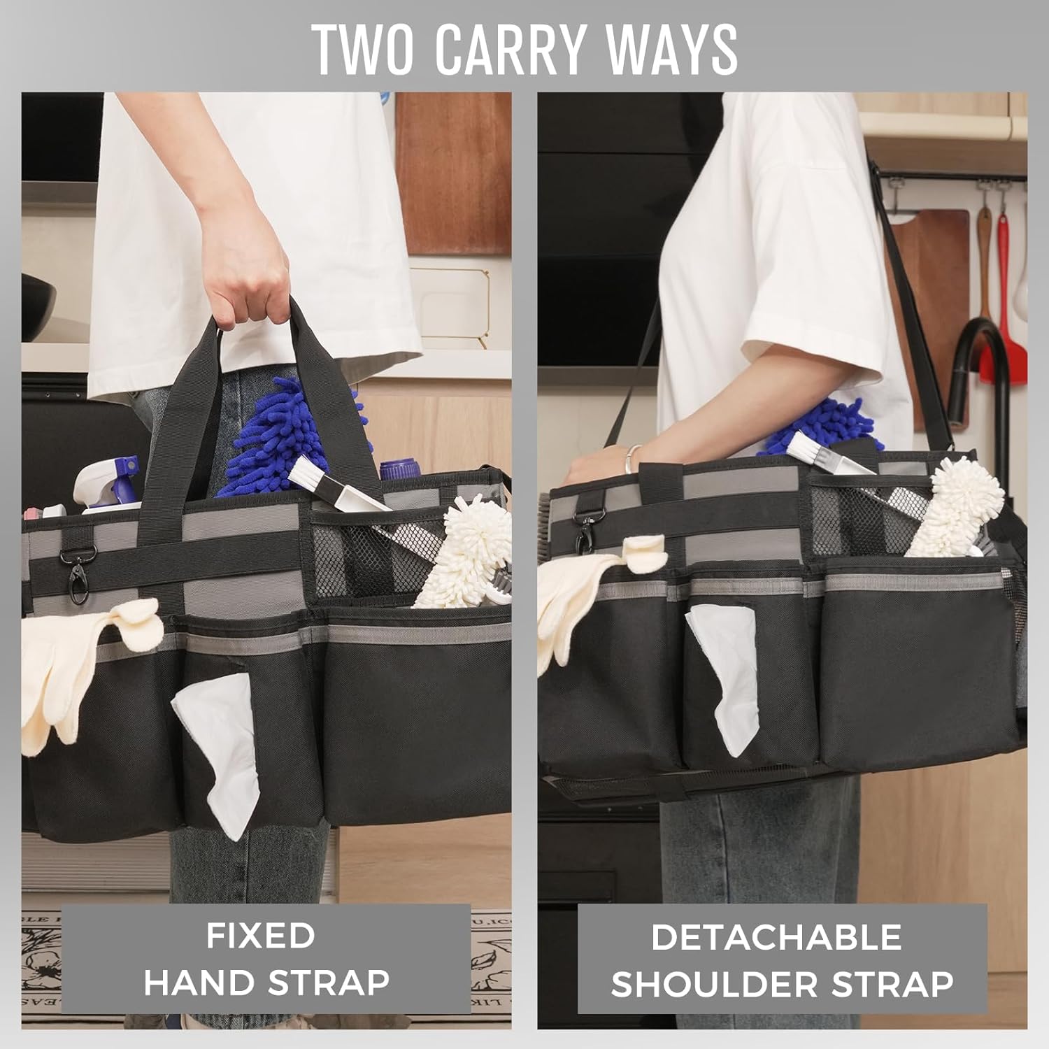 Wearable Cleaning Caddy, Cleaning Caddy Supplies Organizer with Handle & Shoulder Straps for Housekeepers, Under Sink & Car Cleaning Tool Organizers Bag with 4 Foldable Divider (MediumGrey)