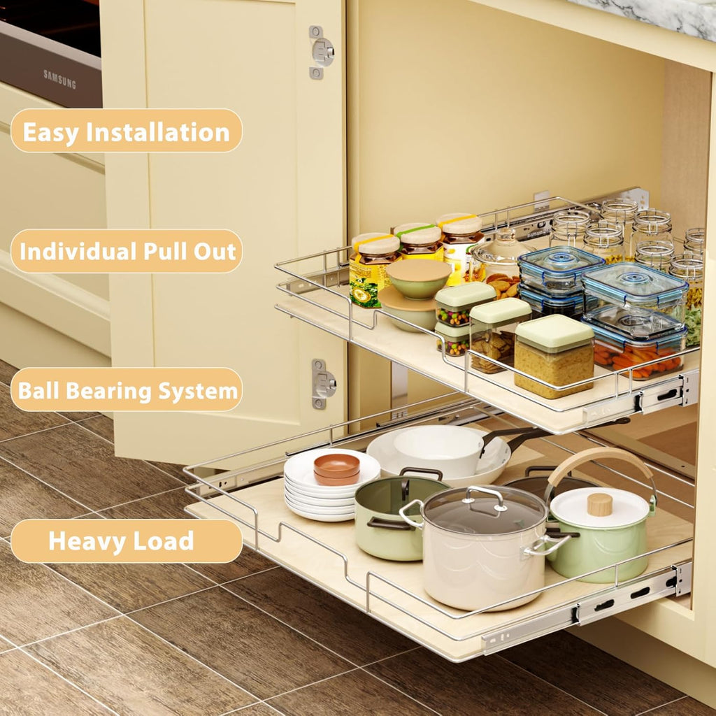 ROOMTEC 2 Tier Individual Pull Out Cabinet Organizer 25½"W x 21½"D, Slide Out Wood Shelves Organizers, Pull Out Drawers Organization and Storage for Kitchen Cabinet