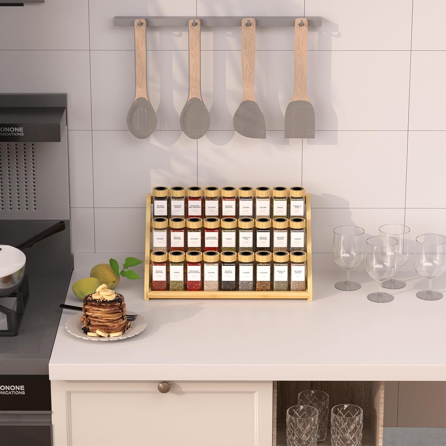 Bamboo Tiered Spice Rack, for Countertop Spice Organizer for Pantry Spice Shelf Organizer Kitchen Spices Rack，Cabinet spice rack，Cabinet seasoning rack