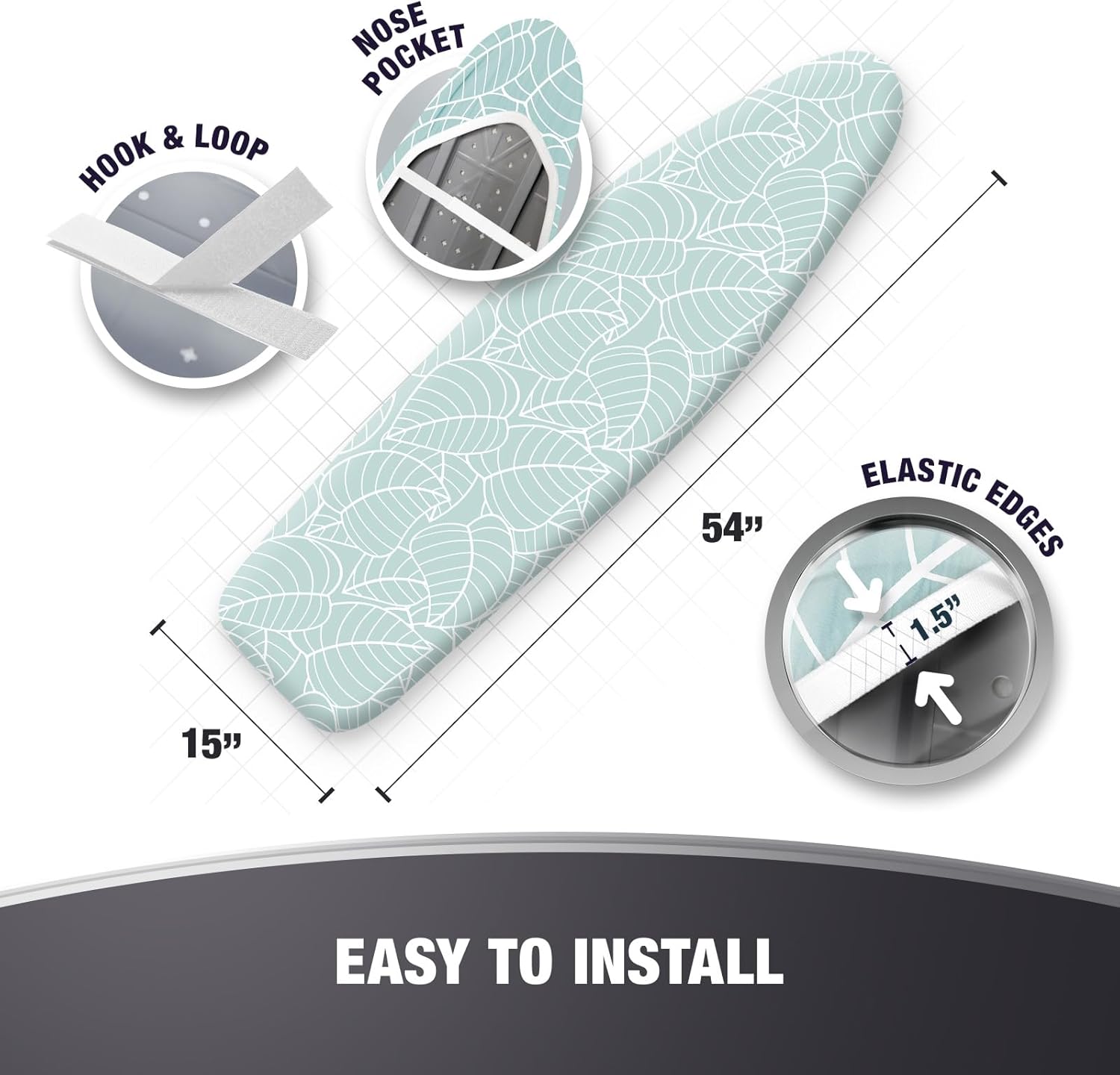 Extra Thick Ironing Board Covers with Pad Standard Size 15x54, Heat Reflective Full Scorch Resistant Padding, Snug Fit Non-Slip Nose Pocket Fastener Straps Elastic Edges, Green Floral