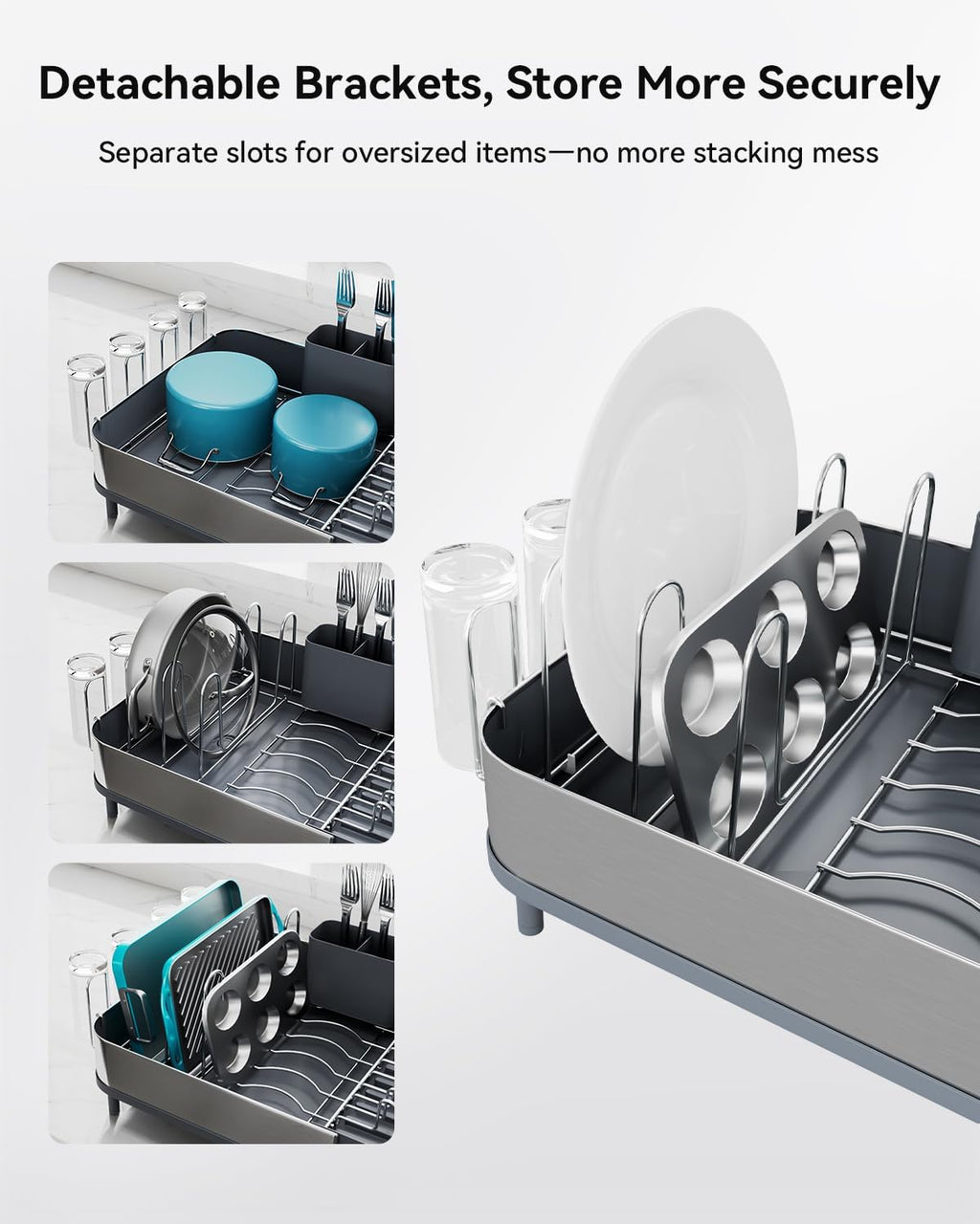 SUNLY Expandable Dish Drying Rack, Versatile Brackets for Pots & Pans, Space Saving Kitchen Drying Rack, Dish Racks for Kitchen Counter, Stainless Steel Dish Drainers with Extendable Spout, Gray
