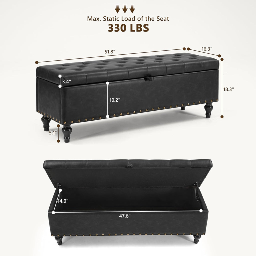 51.8’’ Storage Ottoman Bench, Faux Leather Ottoman with Storages, Window Benches Holds up to 330lbs, Upholstered Storage Bench for Bedroom, Living Room, Entryway and Family Room, Black