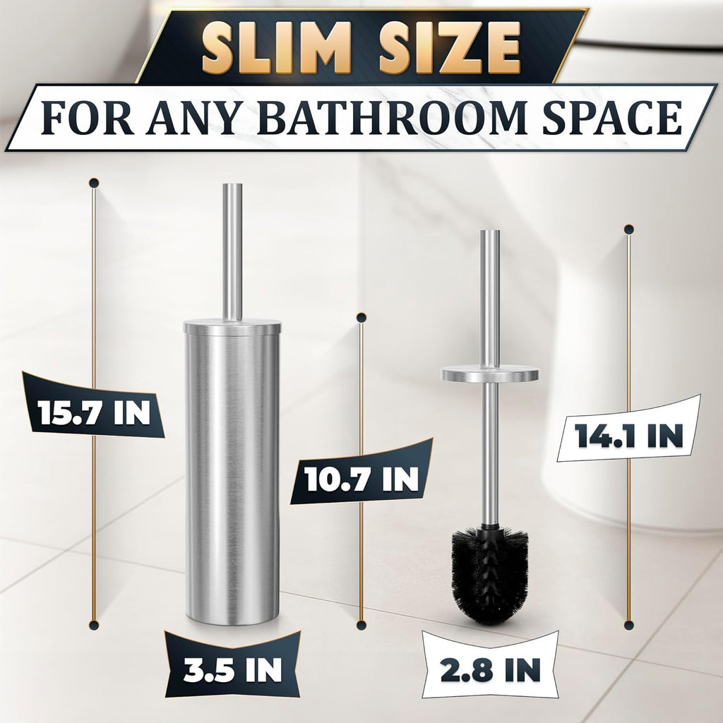 Stylish Stainless Steel Toilet Brush and Holder Set - Silver Toilet Bowl Brush and Holder with Splash Cover, Sturdy Bristles, Corrosion & Scratch Resistant - Elegant Design, Effective Deep Cleaning