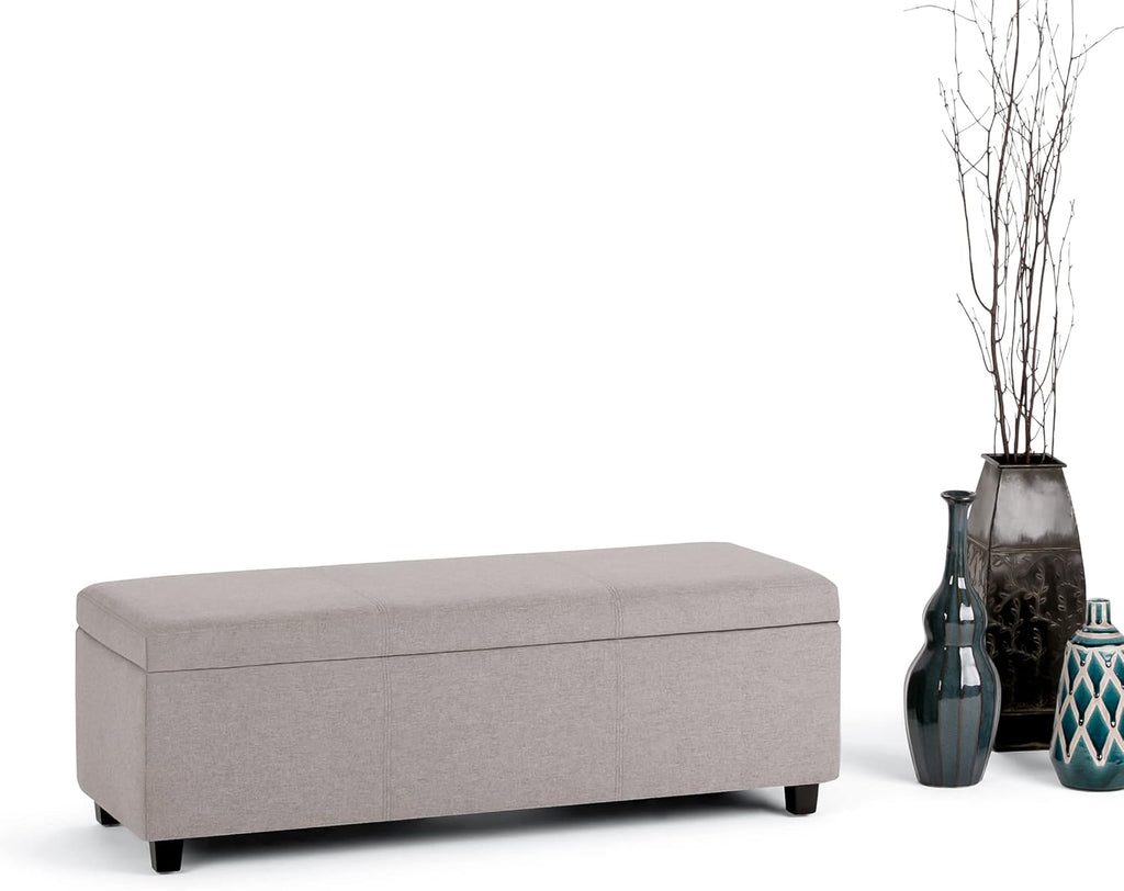 SIMPLIHOME Avalon 48 inch Wide Contemporary Rectangle Storage Ottoman Bench in Cloud Grey Linen Look Fabric, Assembled, for the Living Room, Entryway and Family Room