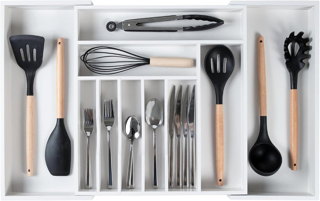 KitchenEdge Premium Silverware, Flatware and Utensil Organizer for Kitchen Drawers, Food-Safe Contract Grade, Expandable from 16 to 28 In, White Bamboo