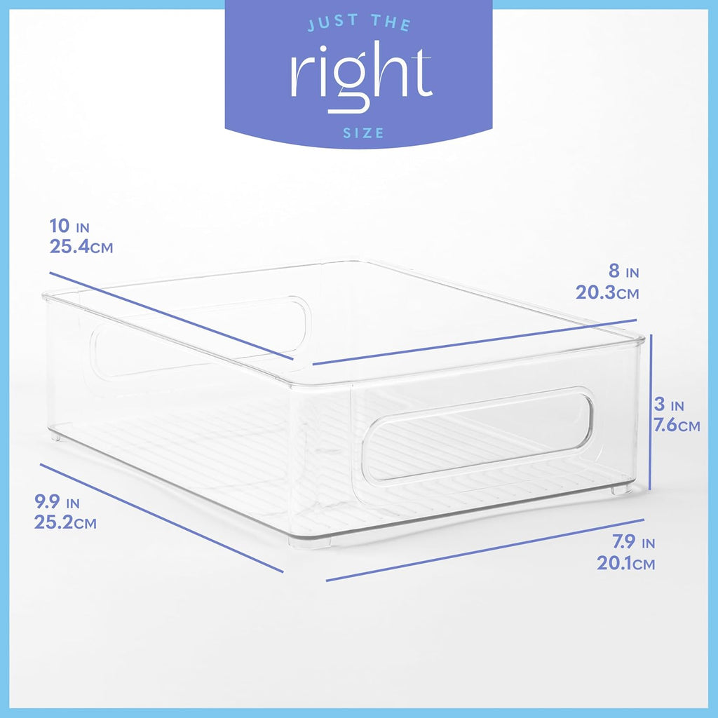Plastic Food Storage 6 Pack Clear Container Bin with Handles for Organizing Kitchen, Pantry, Refrigerator, Freezer, Pantry, Cabinet, Closet, Bathroom. Stackable 10”x8”x3”