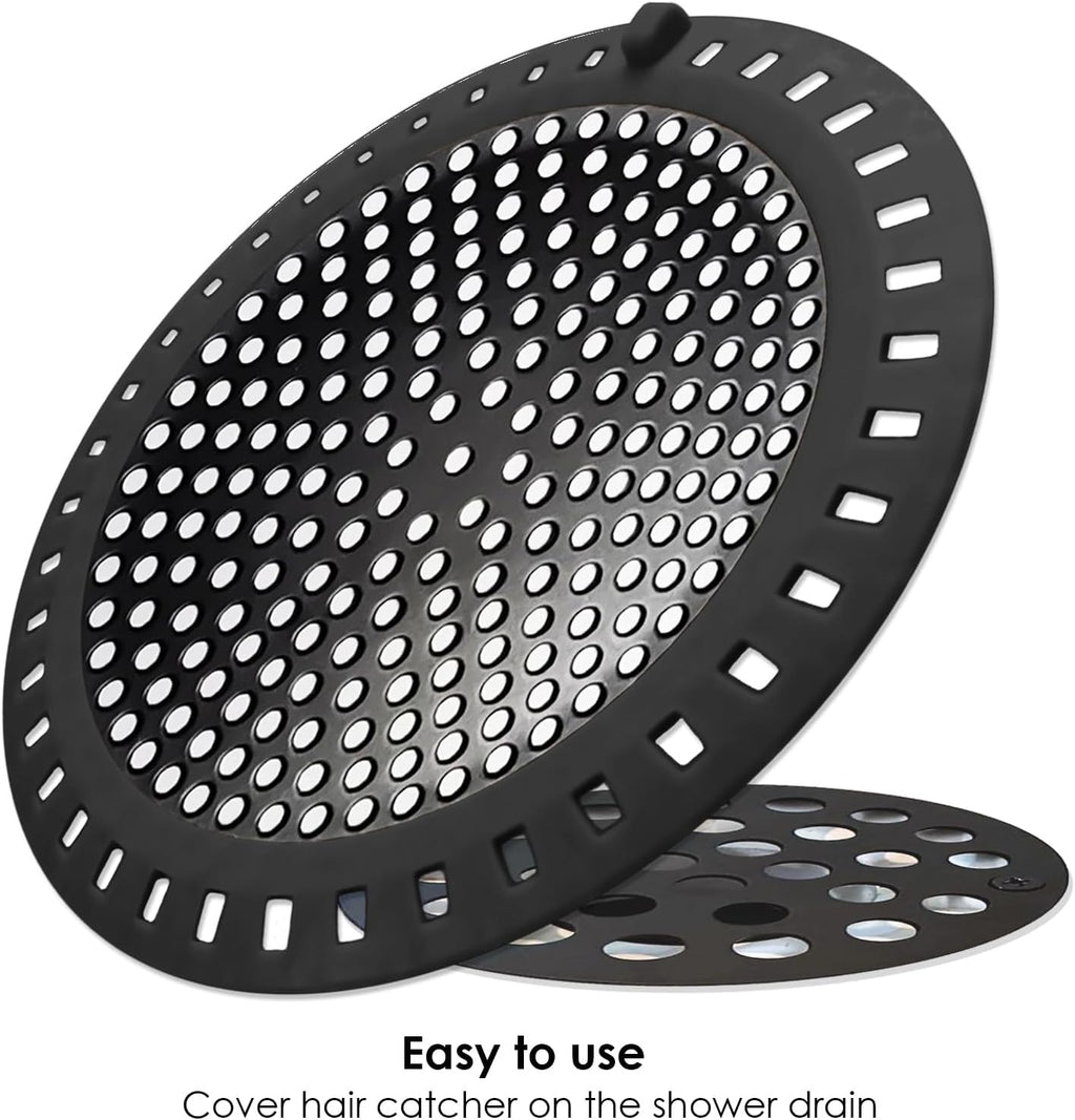 2PCS Shower Hair Drain Catcher/Strainer/Cover/Filter/Trap, Hair Stopper Floor Drain, Stainless Steel with Silicone Edge Drain Protector, Black, 4.75 Inch Diameter
